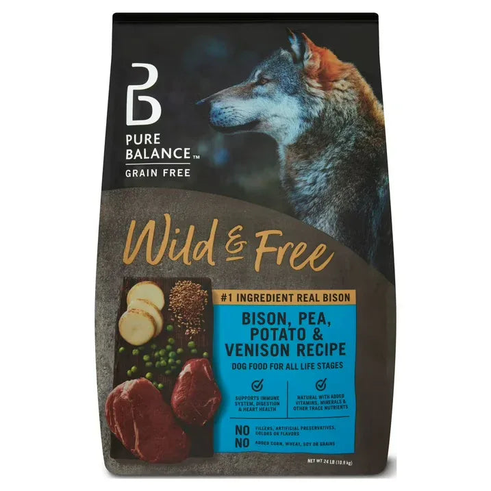 Wholesale Price with free shipping across the USA for Pure Balance Wild & Free Bison, Pea, Potato & Venison Recipe Dry Dog Food, Grain Free, 24 lbs - Manji Distributors