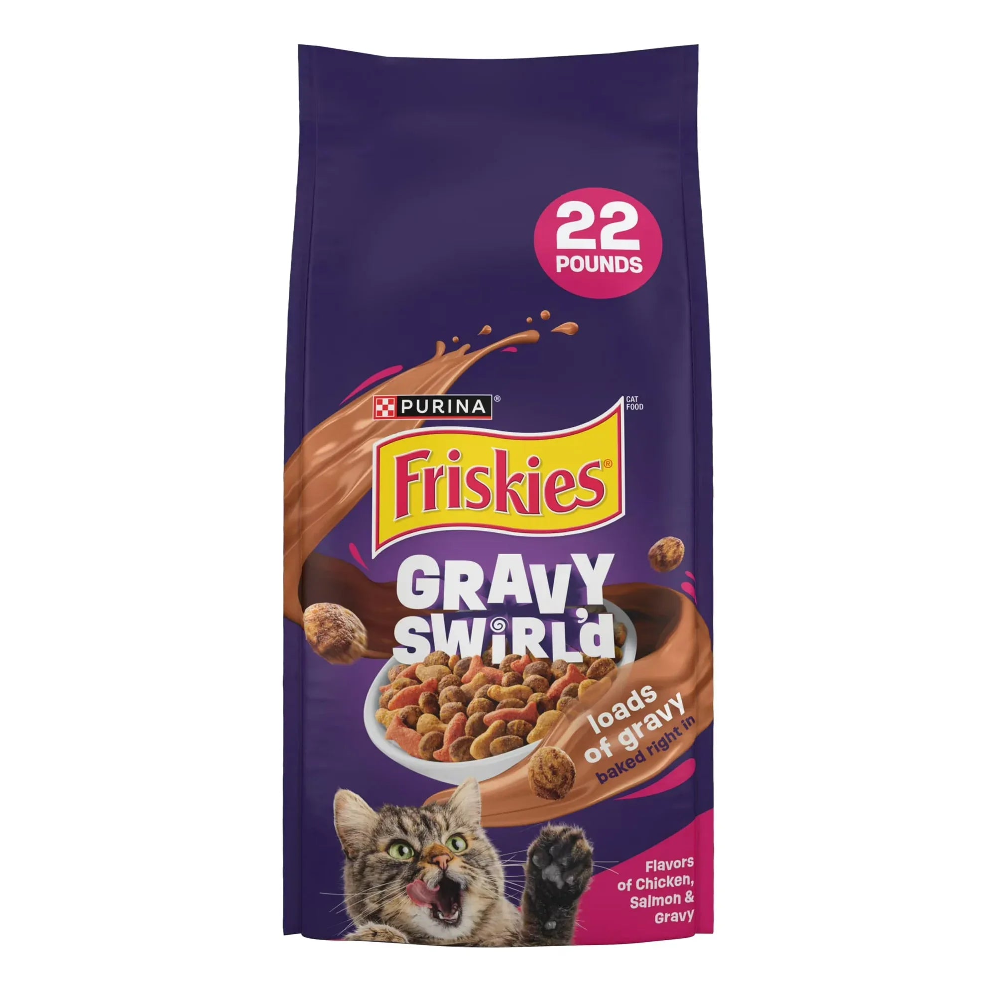 Wholesale Price with free shipping across the USA for Purina Friskies Dry Cat Food Gravy Swirl'd With Flavors of Chicken, Salmon and Gravy Dry Cat Food, 22 lb. Bag - Manji Distributors