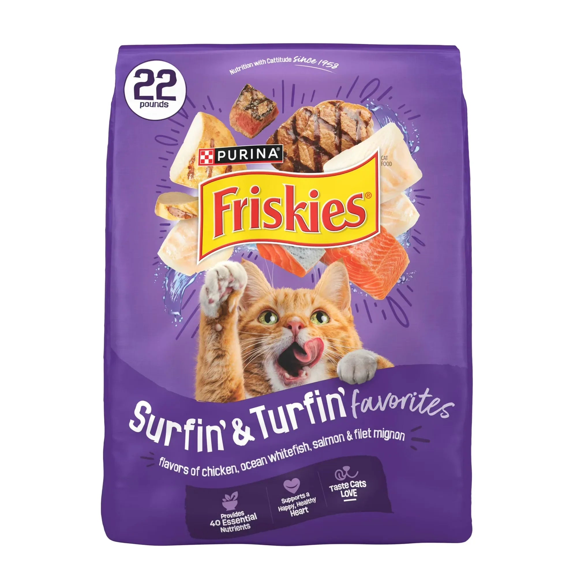 Wholesale Price with free shipping across the USA for Purina Friskies Surfin and Turfin Favorites Dry Cat Food Flavors of Chicken, Whitefish, Salmon and Filet Mignon, 22 lb Bag - Manji Distributors