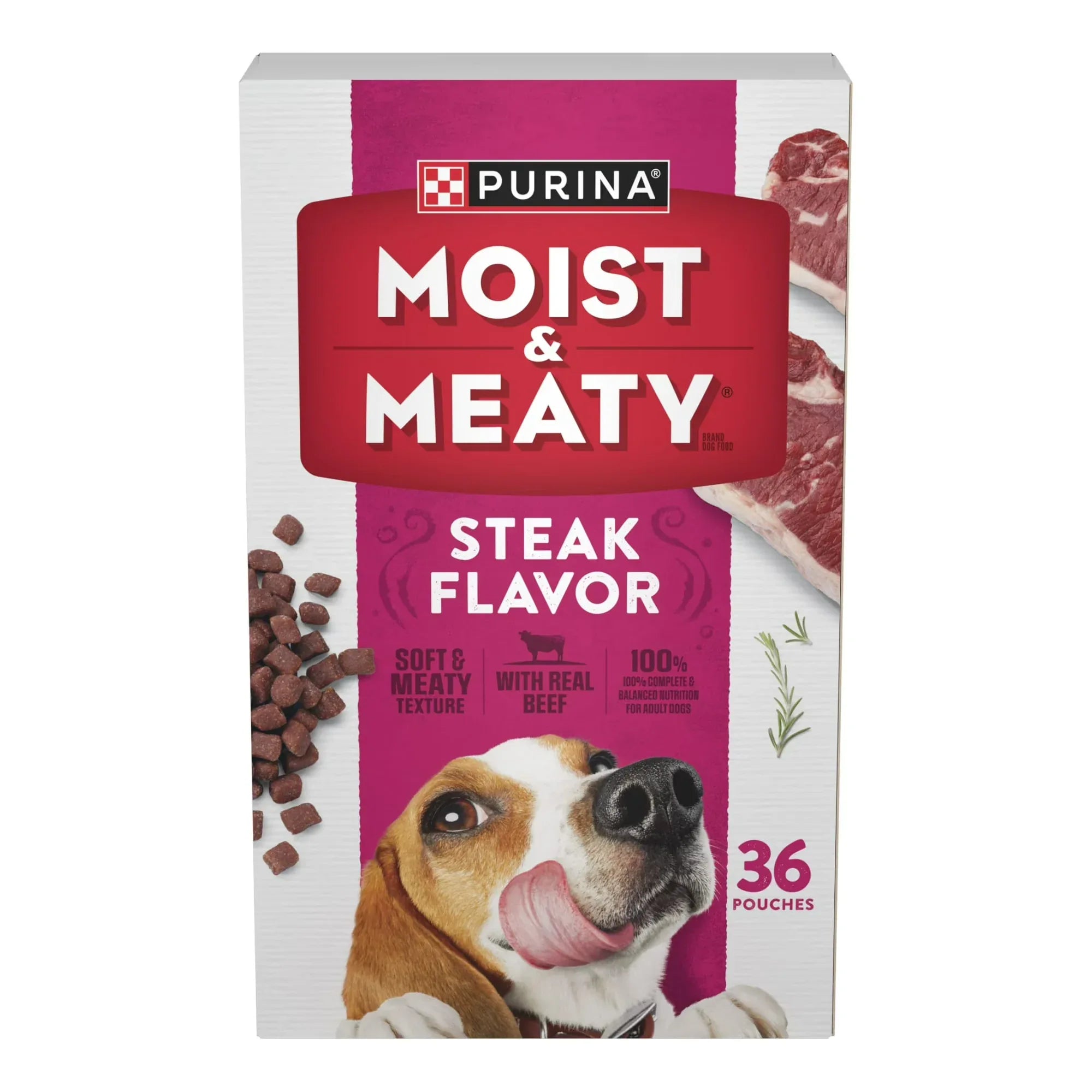 Wholesale Price with free shipping across the USA for Purina Moist & Meaty Dry Dog Food, High Protein Steak Flavor with Real Beef, 6 oz Pouches (36 Pack) - Manji Distributors