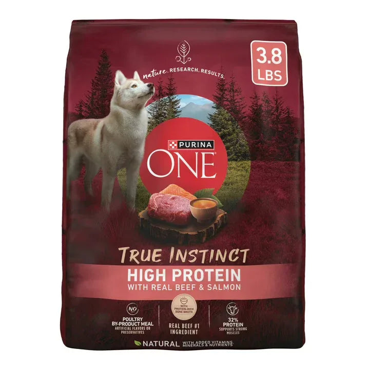 Wholesale Price with free shipping across the USA for Purina ONE True Instinct Dry Dog Food for Adults, High Protein with Real Beef & Salmon, 3.8 lb Bag - Manji Distributors