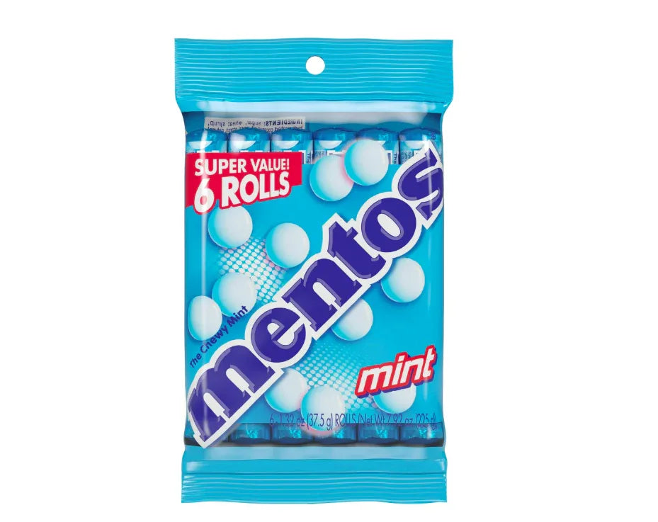 Wholesale Price with free shipping across the USA for Mentos Chewy Breath Mints Candy Roll, Peppermint, Peanut Free, Regular Size, 1.32 oz, 6 Count - Manji Distributors