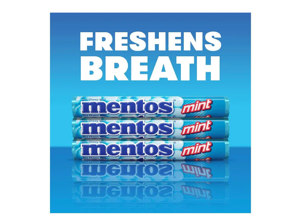 Wholesale Price with free shipping across the USA for Mentos Chewy Breath Mints Candy Roll, Peppermint, Peanut Free, Regular Size, 1.32 oz, 6 Count - Manji Distributors