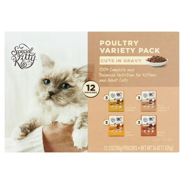 Wholesale Price with free shipping across the USA for Special Kitty Chicken Dinner and Turkey and Giblets and Mixed Grill Cuts in Gravy Wet Cat Food Poultry Variety Pack, 12 Count - Manji Distributors