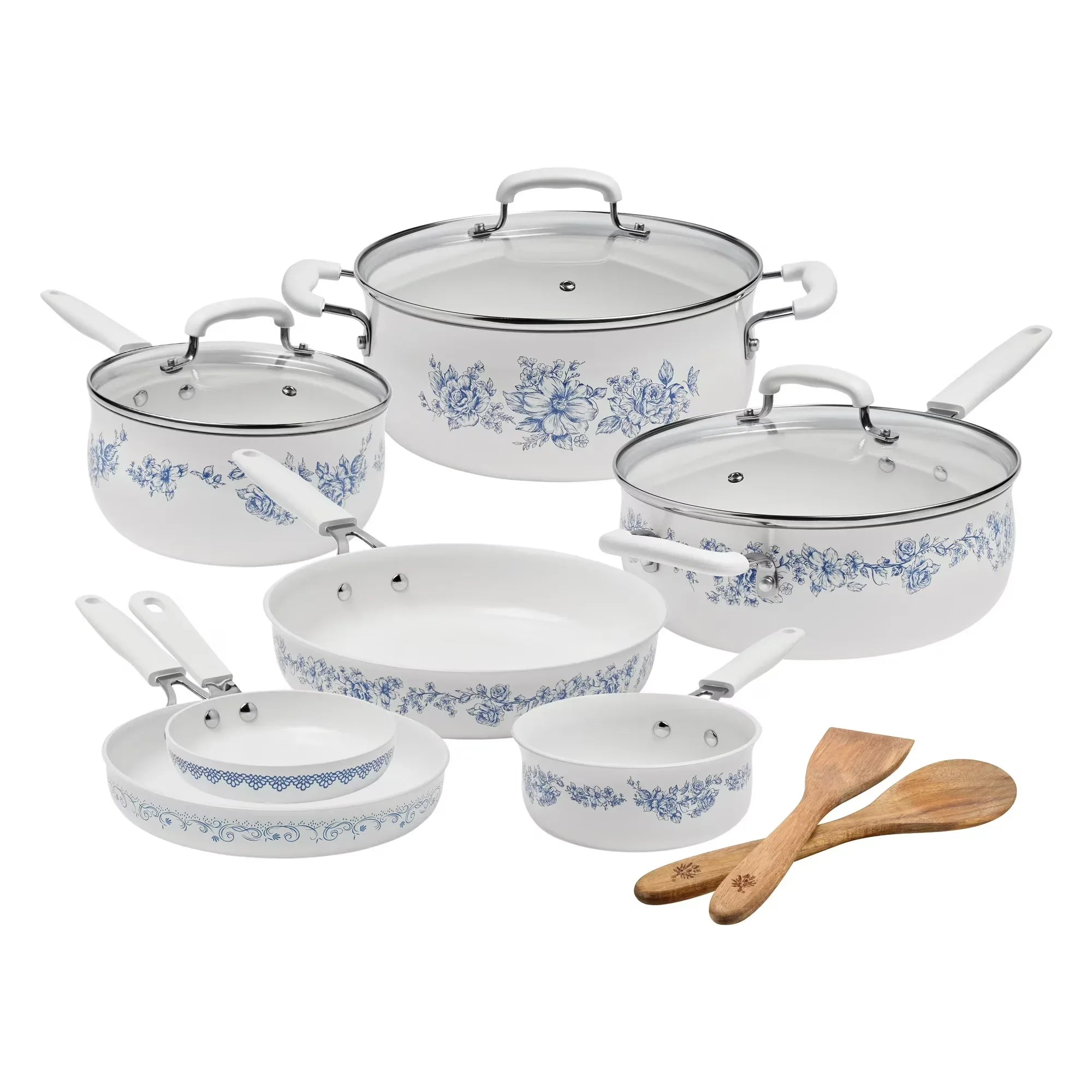 Wholesale Price with free shipping across the USA for The Pioneer Woman 12-Piece Classic Ceramic Cookware Set, Agatha Blue - Manji Distributors