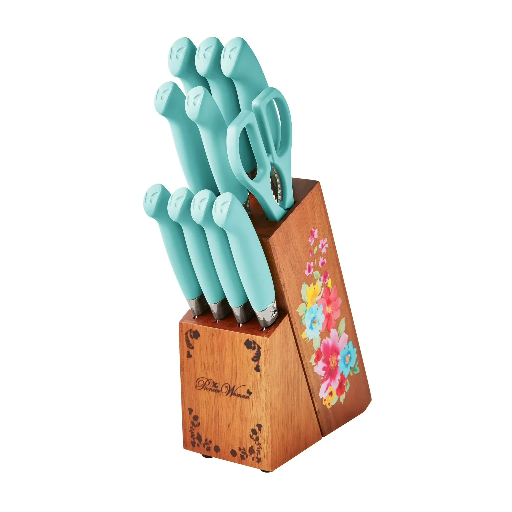 Wholesale Price with free shipping across the USA for The Pioneer Woman Breezy Blossoms 11-Piece Stainless Steel Knife Block Set, Teal - Manji Distributors