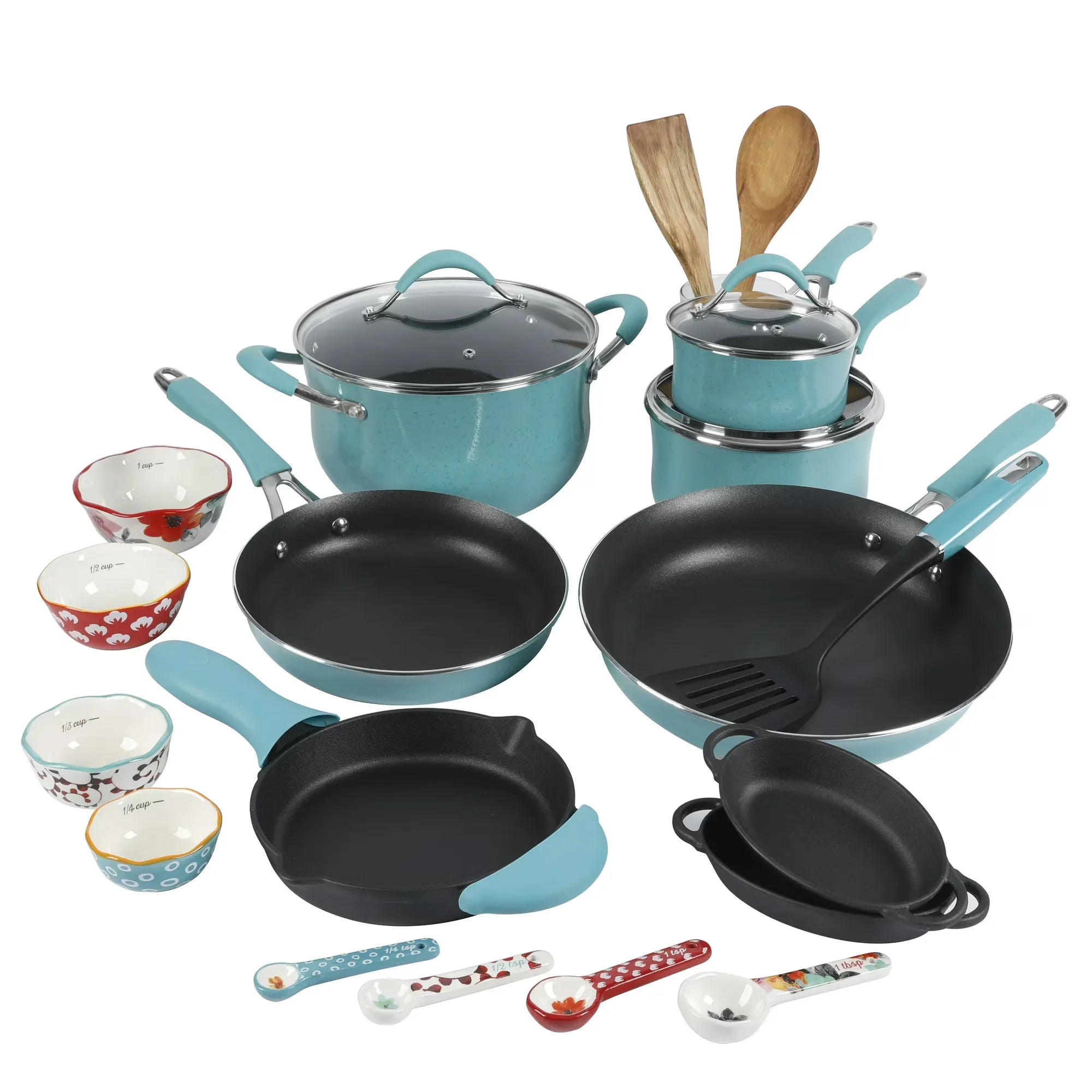 Wholesale Price with free shipping across the USA for The Pioneer Woman Frontier Speckle 24-Piece Nonstick Cookware Set with Soft Grip Handles, Turquoise - Manji Distributors