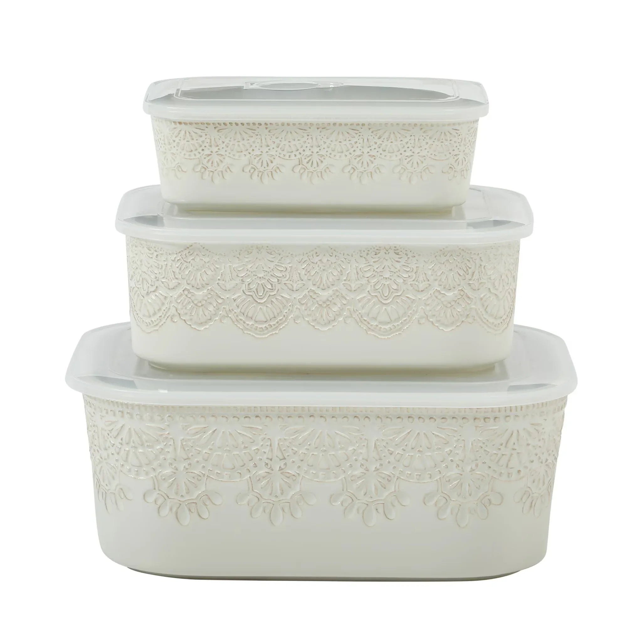 Wholesale Price with free shipping across the USA for The Pioneer Woman Vintage Lace 6-Piece Nesting Casserole Baking Dish Bakeware Set with Lids, Linen - Manji Distributors