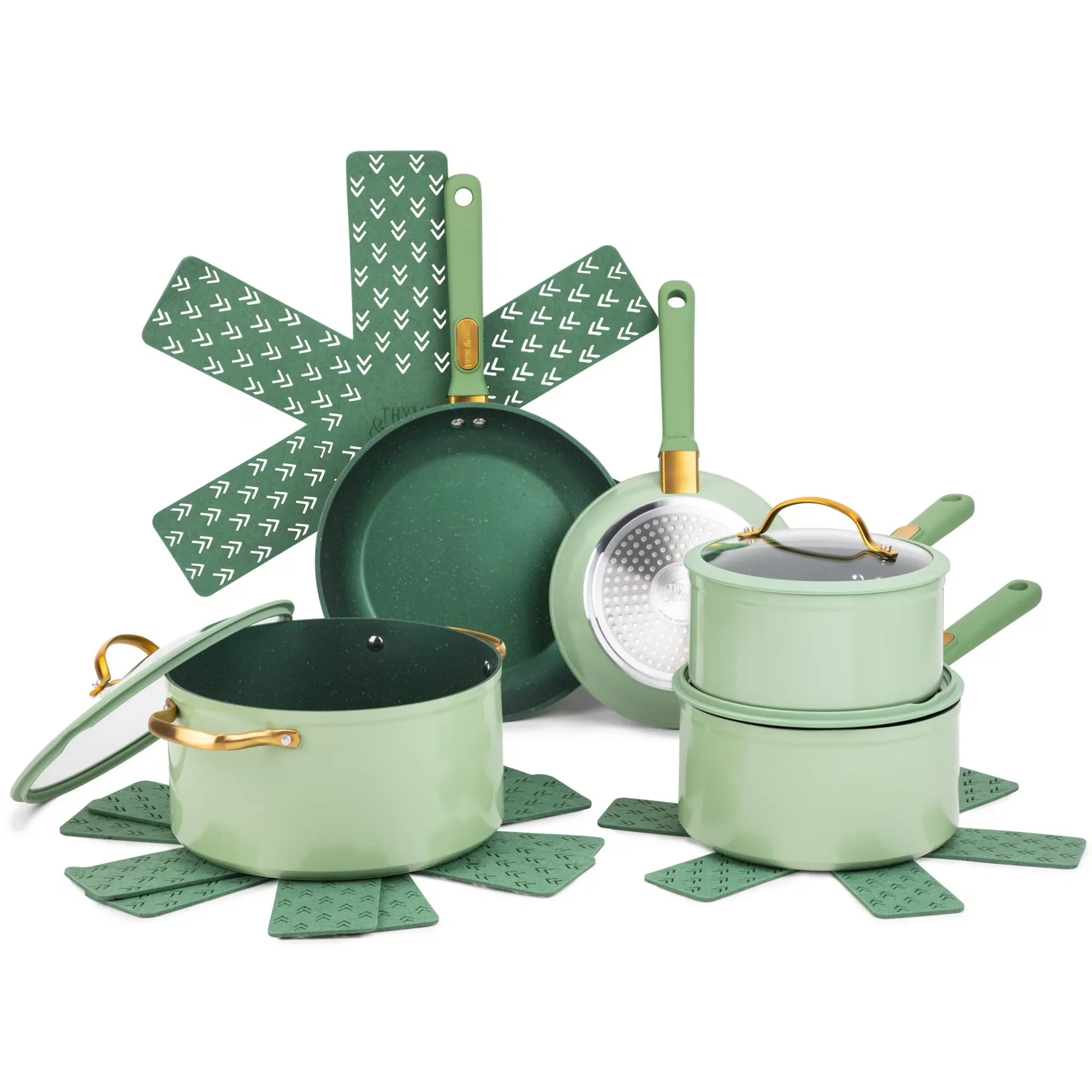 Wholesale Price with free shipping across the USA for Thyme & Table 12-Piece Non-Stick Cookware Set, Pots and Pans Set - Green, Granite Collection - Manji Distributors