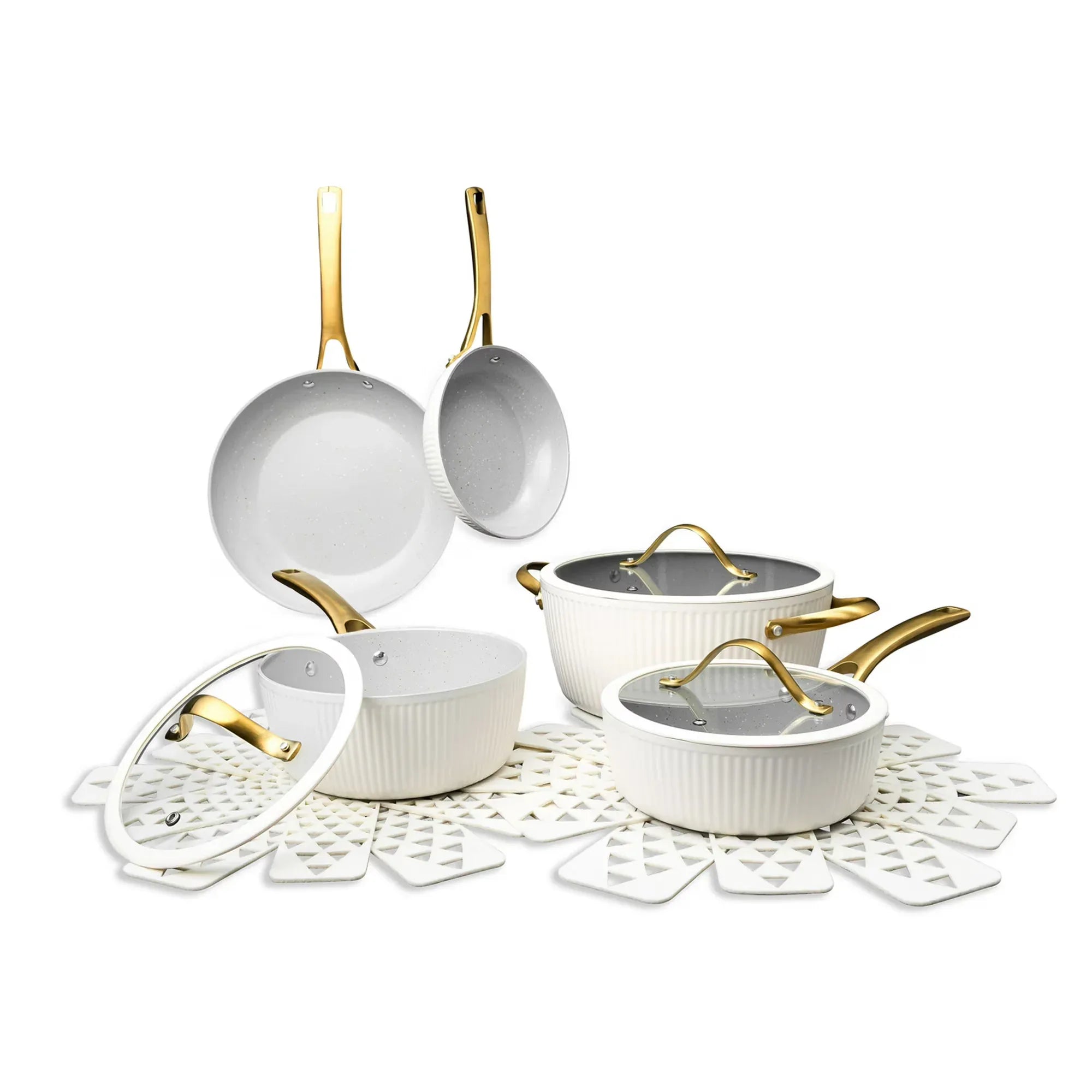 Wholesale Price with free shipping across the USA for Thyme & Table 12-Piece Non-Stick Signature Cookware Set, Pots and Pans Set- White & Gold - Manji Distributors