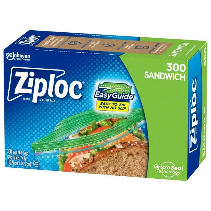 Wholesale Price with free shipping across the USA for Ziploc® Brand Sandwich Bags with EasyGuide™ Texture, Grip 'n Seal Technology™, 300 Count - Manji Distributors