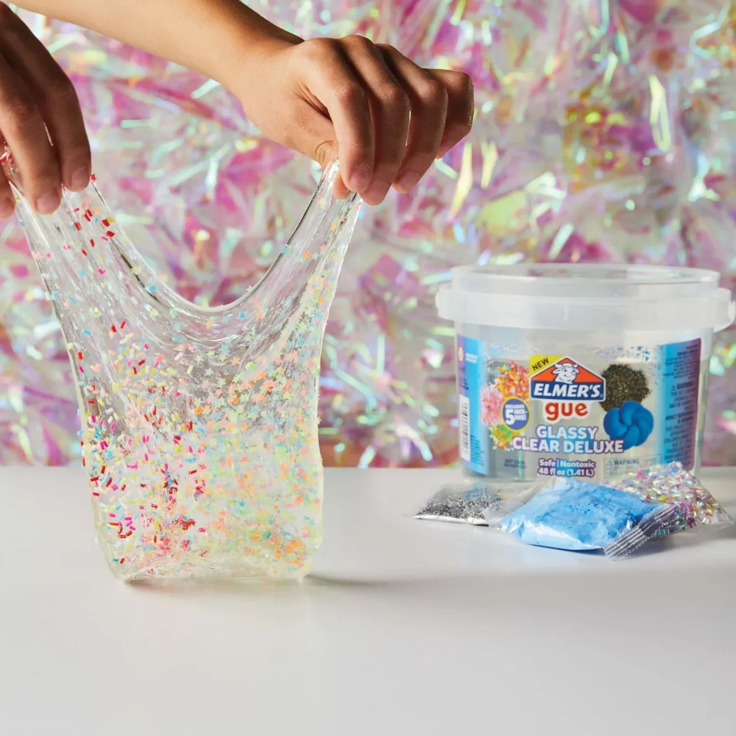 Wholesale Price with free shipping across the USA for Elmer's Glue Premade Slime, Glassy Clear Slime, Includes 5 Sets of Slime Add-Ins, 3 lb. Bucket - Manji Distributors