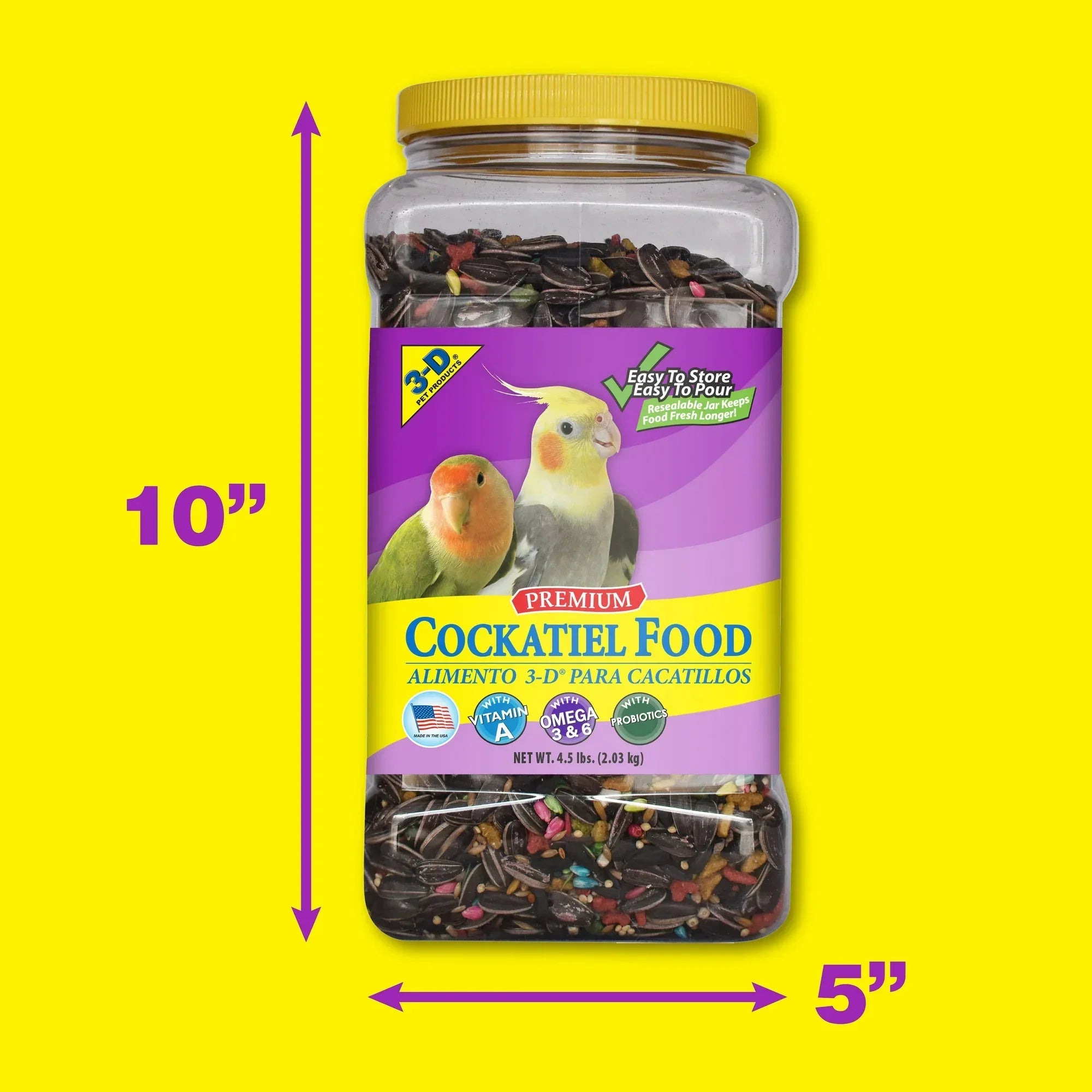 Wholesale Price with free shipping across the USA for 3-D Pet Products Premium Cockatiel Bird Food Seeds, with Probiotics, 4.5 lb. Stay Fresh Jar - Manji Distributors