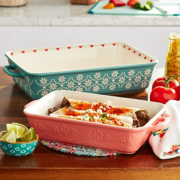 Wholesale Price with free shipping across the USA for The Pioneer Woman Sweet Romance Blossoms Assorted Color 2-Piece Rectangular Ceramic Baking Dishes - Manji Distributors