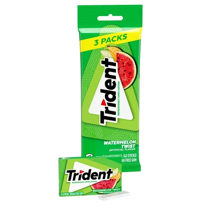 Wholesale Price with free shipping across the USA for Trident Sugar Free Gum, Watermelon, 3 Packs of 14 Regular Size Pieces (42 Total Pieces) - Manji Distributors