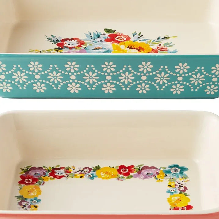 Wholesale Price with free shipping across the USA for The Pioneer Woman Sweet Romance Blossoms Assorted Color 2-Piece Rectangular Ceramic Baking Dishes - Manji Distributors