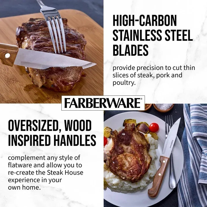 Wholesale Price with free shipping across the USA for Farberware Classic 4-Piece Stainless Steel Steak Knife Set, Faux Wood Handles - Manji Distributors