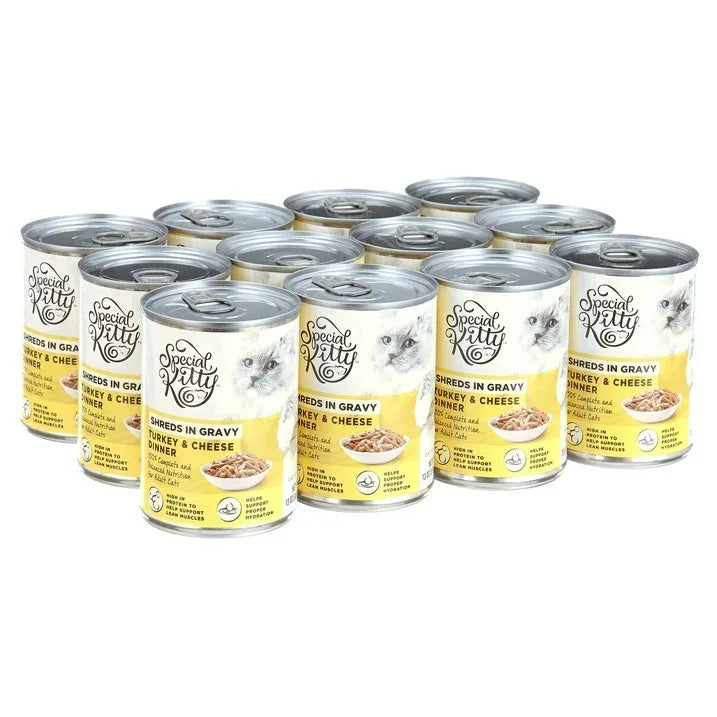 Wholesale Price with free shipping across the USA for Special Kitty Turkey & Cheese Dinner Shreds in Gravy Wet Cat Food, 13 oz Cans (12 Pack) - Manji Distributors
