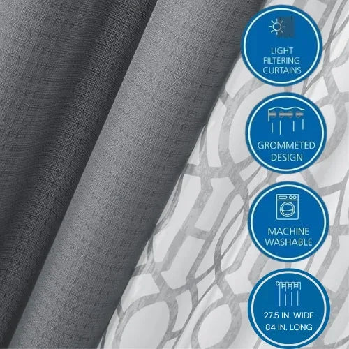 Wholesale Price with free shipping across the USA for (2 pack) Mainstays Kingswood Solid and Printed Sheer Grommet Curtain Panel Set, 4 Piece, Gray Flannel, 27.5