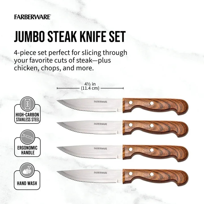 Wholesale Price with free shipping across the USA for Farberware Classic 4-Piece Stainless Steel Steak Knife Set, Faux Wood Handles - Manji Distributors