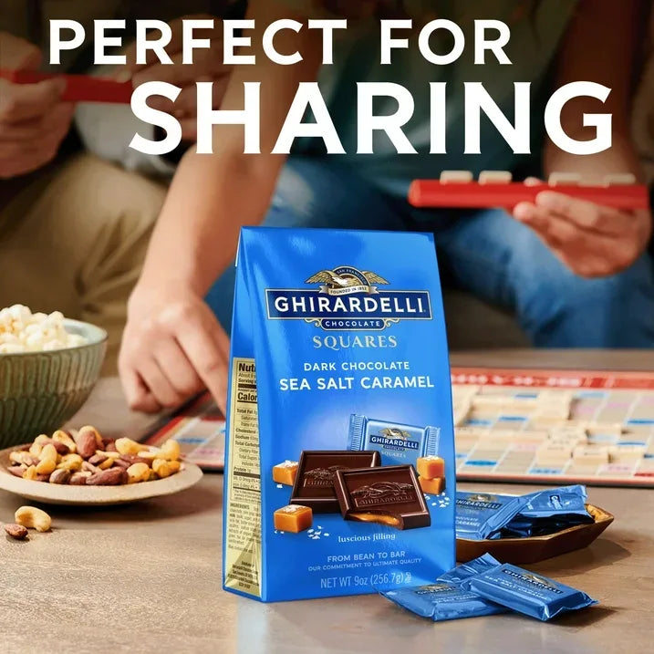 Wholesale Price with free shipping across the USA for GHIRARDELLI Dark Chocolate Candy SQUARES with Sea Salt Caramel Filling, 9 oz Bag - Manji Distributors