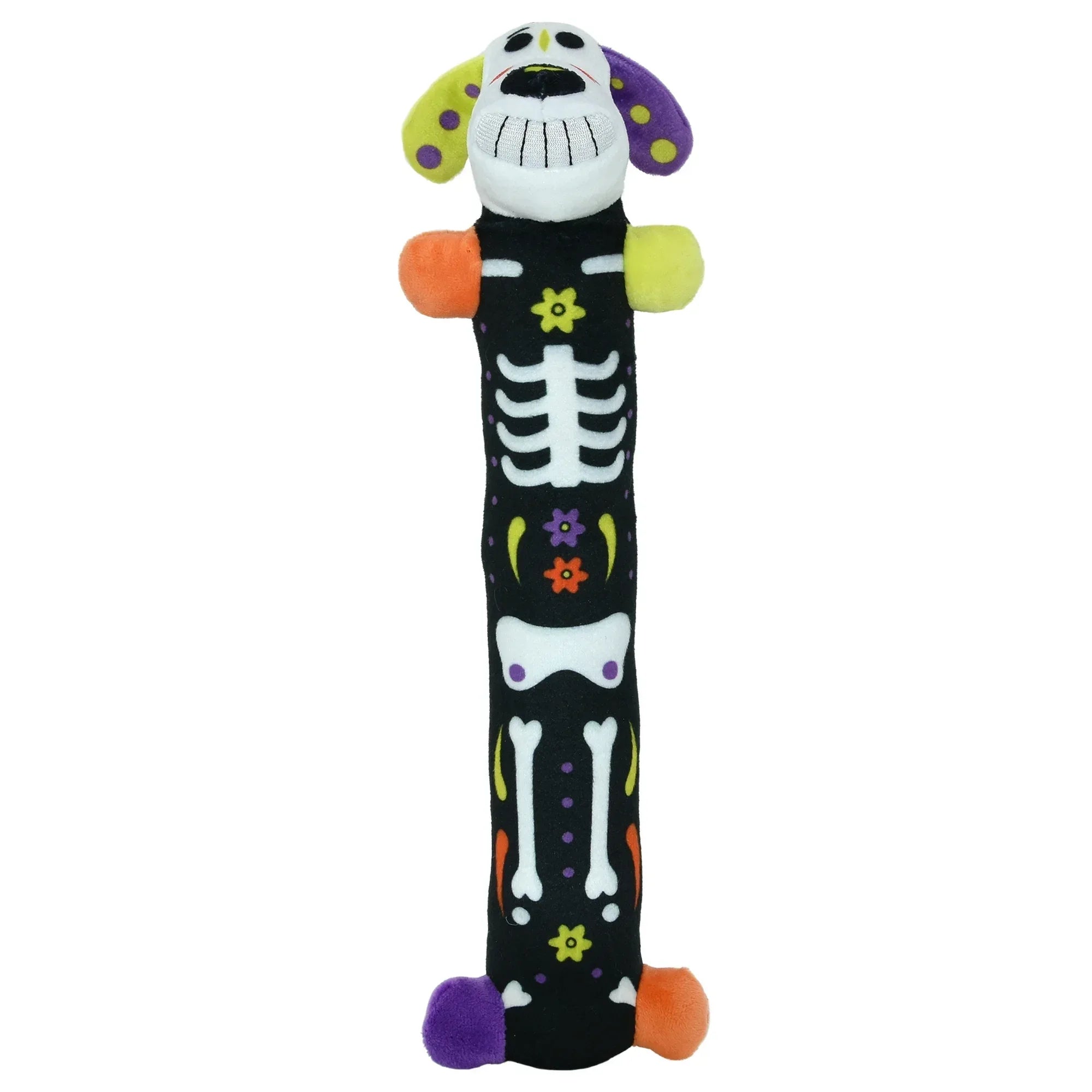 Wholesale Price with free shipping across the USA for Multipet Smiling Loofa Halloween Plush Dog Toy with Squeaker, 2 Piece Multipack, Day of the Dead, 12