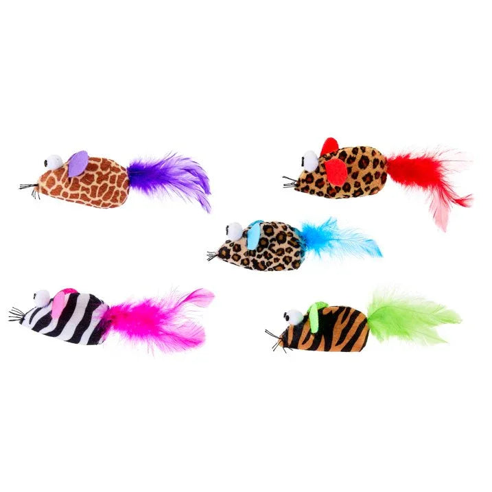 Wholesale Price with free shipping across the USA for (5 pack) Vibrant Life Safari Feather Mice Cat Toy, Assorted Colors - Manji Distributors