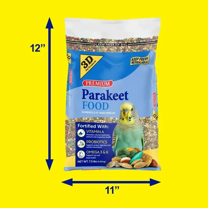 Wholesale Price with free shipping across the USA for 3-D Pet Products Premium Parakeet Bird Food, with Probiotics, 7.5 lb. Zipper Seal Bag, for Daily Feeding - Manji Distributors