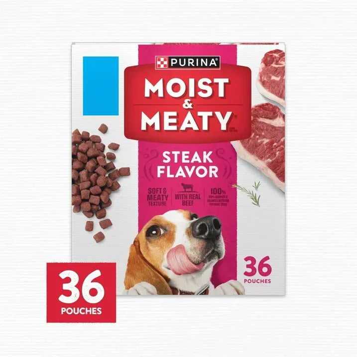 Wholesale Price with free shipping across the USA for Purina Moist & Meaty Dry Dog Food, High Protein Steak Flavor with Real Beef, 6 oz Pouches (36 Pack) - Manji Distributors