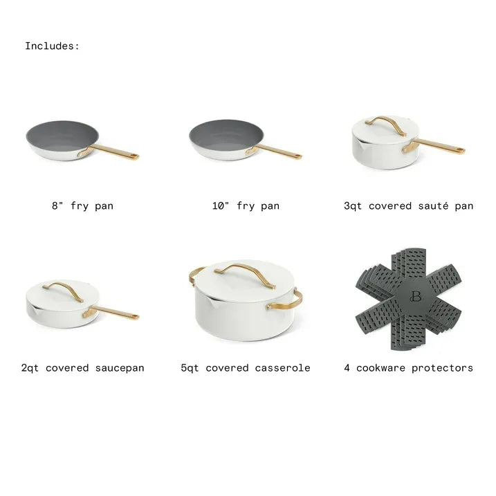 Wholesale Price with free shipping across the USA for Beautiful 12pc Ceramic Non-Stick Cookware Set with Strainer Lids, White Icing by Drew Barrymore - Manji Distributors