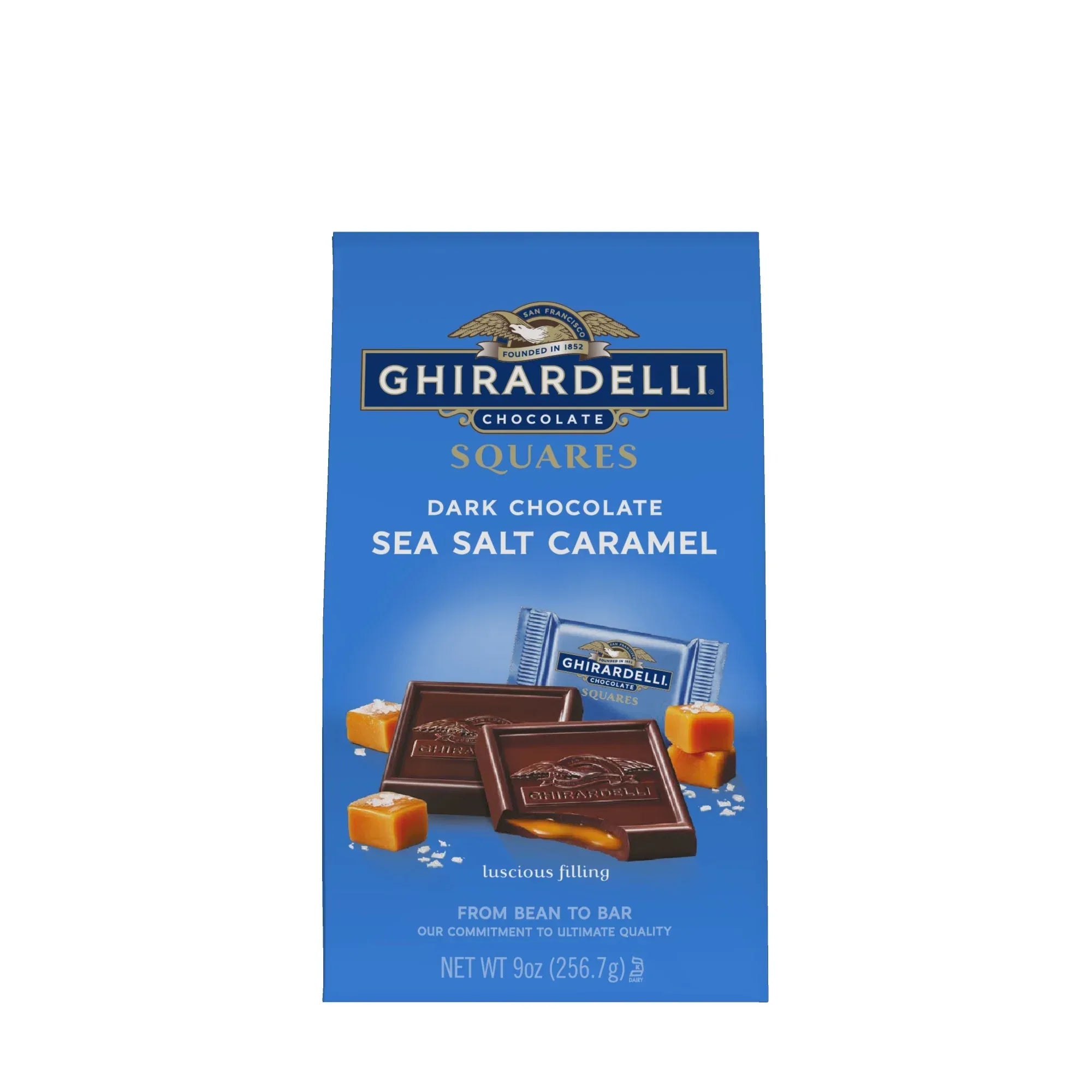 Wholesale Price with free shipping across the USA for GHIRARDELLI Dark Chocolate Candy SQUARES with Sea Salt Caramel Filling, 9 oz Bag - Manji Distributors