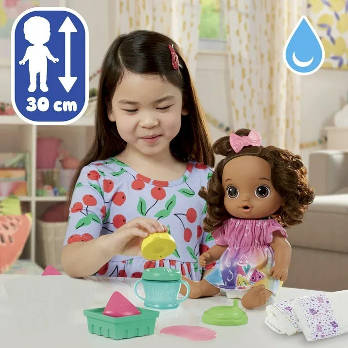 Wholesale Price with free shipping across the USA for Baby Alive Fruity Sips Doll, Lemon, Pretend Juicer Baby Doll Set, Kids 3 and Up, Brown Hair - Manji Distributors