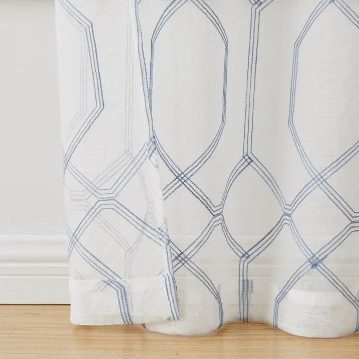 Wholesale Price with free shipping across the USA for Mainstays Modern Geometric Embroidered Rod Pocket Sheer Curtains, Set of 4, Blue, 28