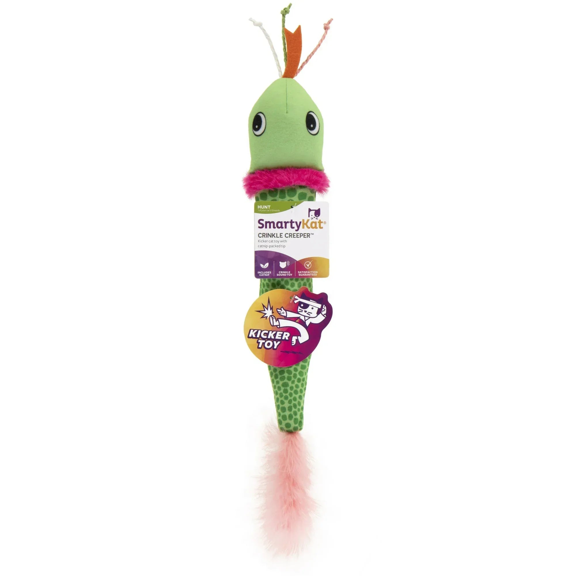 Wholesale Price with free shipping across the USA for SmartyKat Crinkle Creeper Crinkle Plush Kicker Cat Toy with Catnip Filled Tail, Green - Manji Distributors