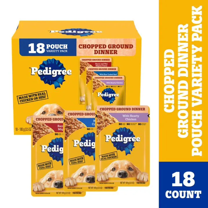Wholesale Price with free shipping across the USA for (2 pack) Pedigree Chopped Ground Dinner Dog Food Bacon Filet Mignon Variety Pack, 3.5 Oz. Pouches (18 Pack) - Manji Distributors