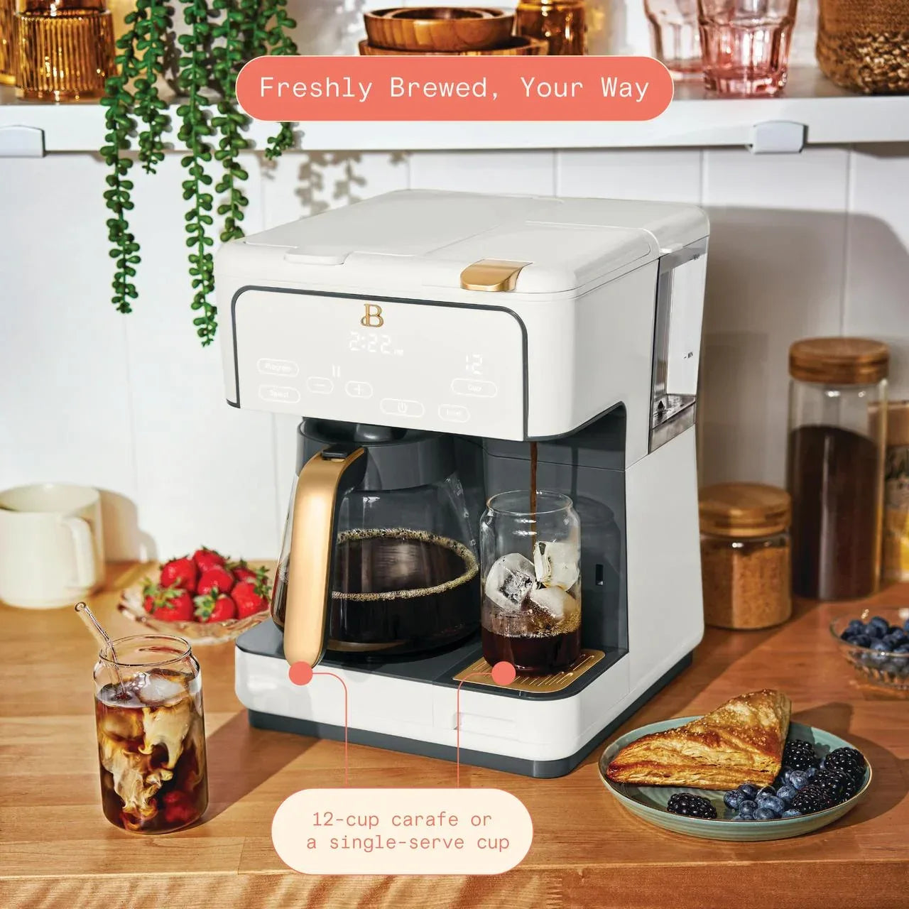 Wholesale Price with free shipping across the USA for Beautiful Multi-Brew 12-Cup Programmable Drip & Single-Serve Coffee Maker, White Icing by Drew Barrymore - Manji Distributors