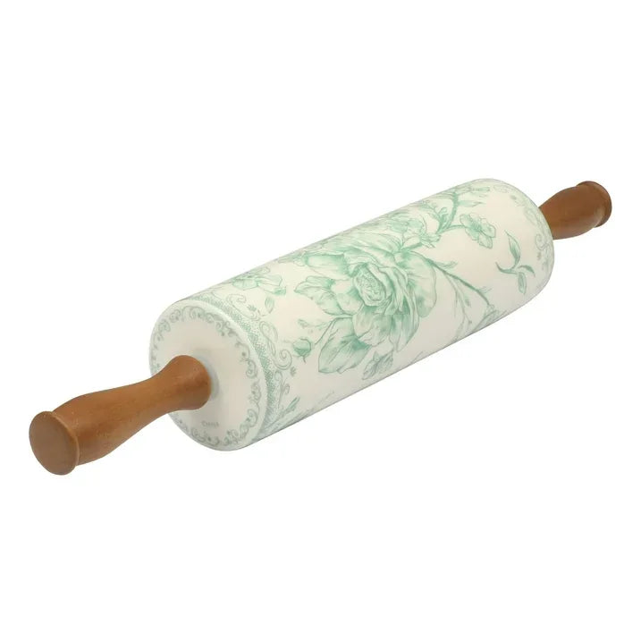 Wholesale Price with free shipping across the USA for The Pioneer Woman Agatha Ceramic Rolling Pin with Olivewood Handles, Green - Manji Distributors