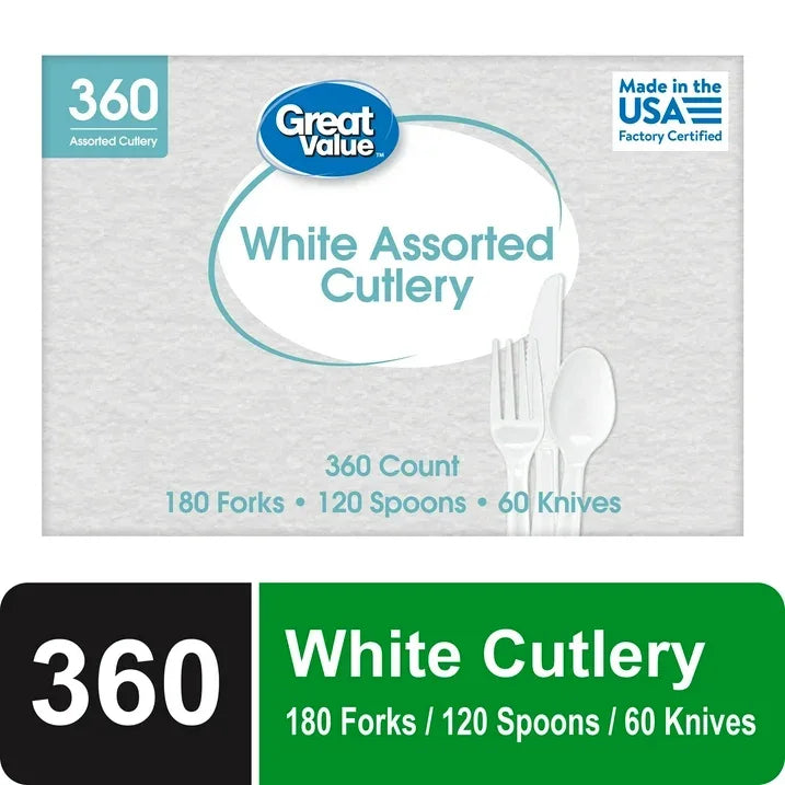 Wholesale Price with free shipping across the USA for Great Value Disposable Plastic Cutlery Set, White, 360 Count includes 180F/120S/60K - Manji Distributors