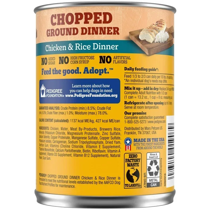 Wholesale Price with free shipping across the USA for (12 pack) Pedigree Chopped Ground Dinner Adult Canned Wet Dog Food, Chicken & Rice Dinner, 13.2 Oz. Can - Manji Distributors