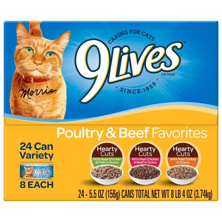 Wholesale Price with free shipping across the USA for 9Lives Poultry and Beef Favorites Variety Pack Wet Cat Food, 5.5-Ounce Can, 24 Count - Manji Distributors