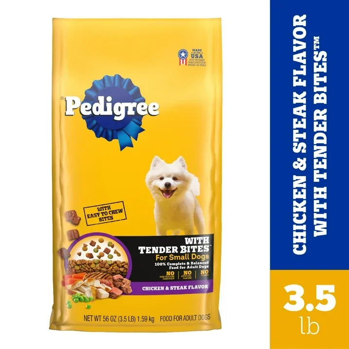 Wholesale Price with free shipping across the USA for Pedigree With Tender Bites Complete Nutrition Adult Small Breed Dry Dog Food, Chicken & Steak Flavor, 3.5 Lb Bag - Manji Distributors
