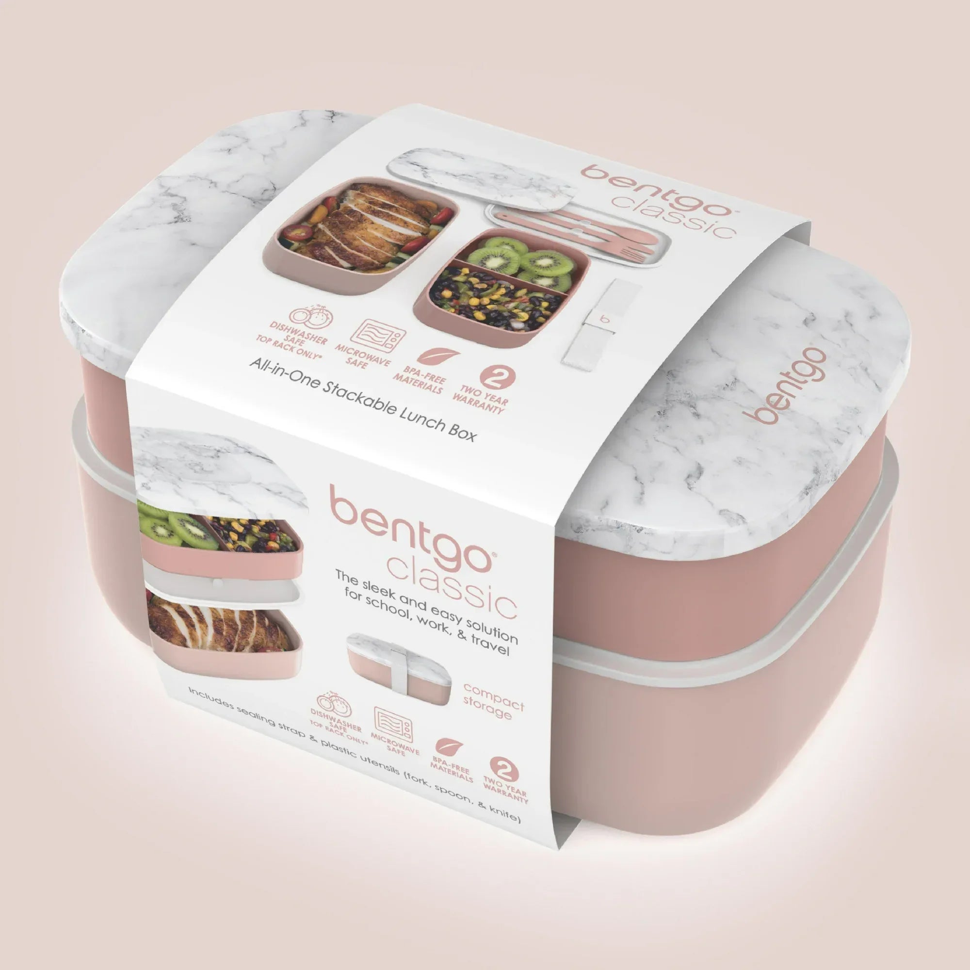 Wholesale Price with free shipping across the USA for Bentgo Classic - Adult Bento Box, Stackable 3-Compartment Lunch Box with Removable Utensil Set and Sealing Strap, BPA-Free, Food Container Ideal for Meal Prep, Work, and On the Go (Blush Marble) - Manji Distributors