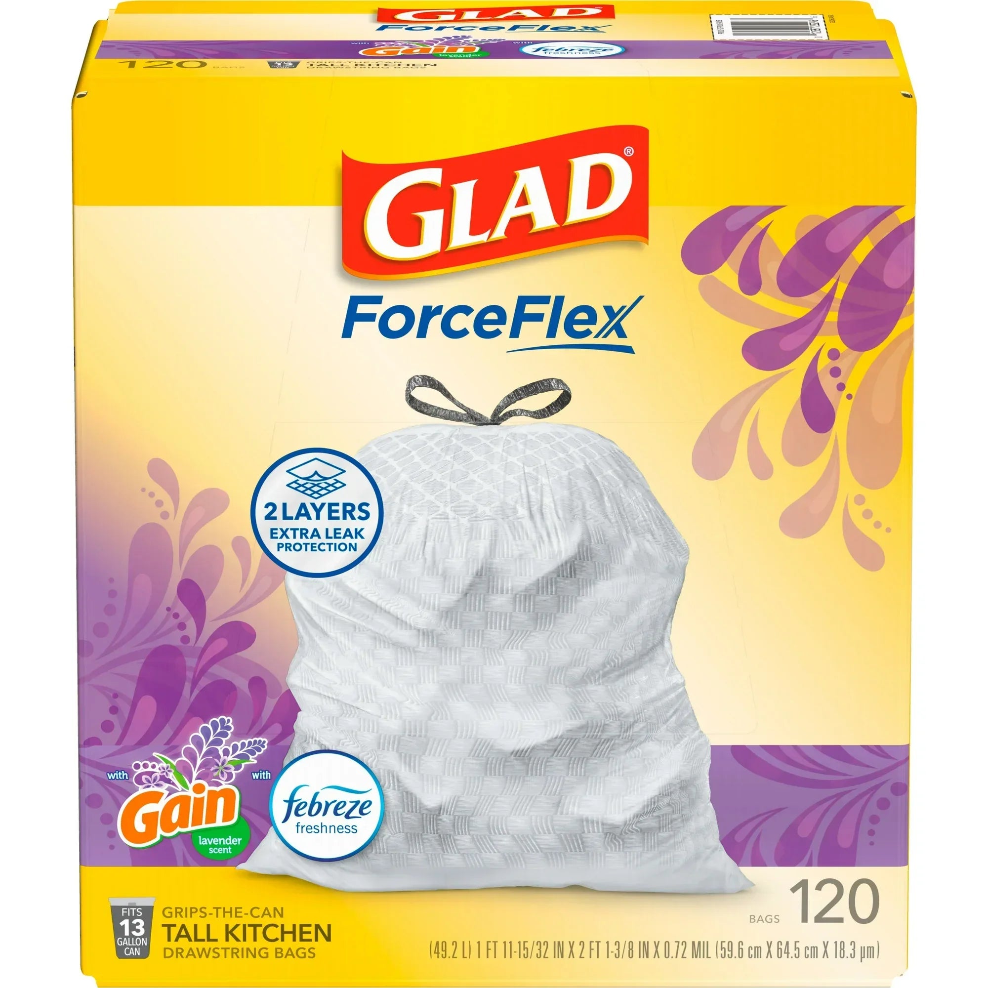 Wholesale Price with free shipping across the USA for Glad ForceFlex Tall Kitchen Drawstring Trash Bags, 13 Gallon, Gain Lavender with Febreze Freshness, 120 Count - Manji Distributors