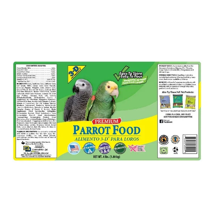 Wholesale Price with free shipping across the USA for 3-D Pet Products Premium Parrot Bird Food, Seeds, 4 lb. Stay Fresh Jar - Manji Distributors