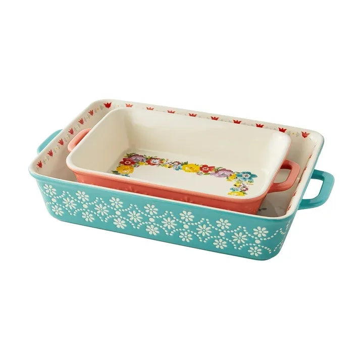 Wholesale Price with free shipping across the USA for The Pioneer Woman Sweet Romance Blossoms Assorted Color 2-Piece Rectangular Ceramic Baking Dishes - Manji Distributors