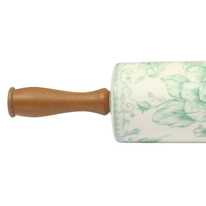 Wholesale Price with free shipping across the USA for The Pioneer Woman Agatha Ceramic Rolling Pin with Olivewood Handles, Green - Manji Distributors