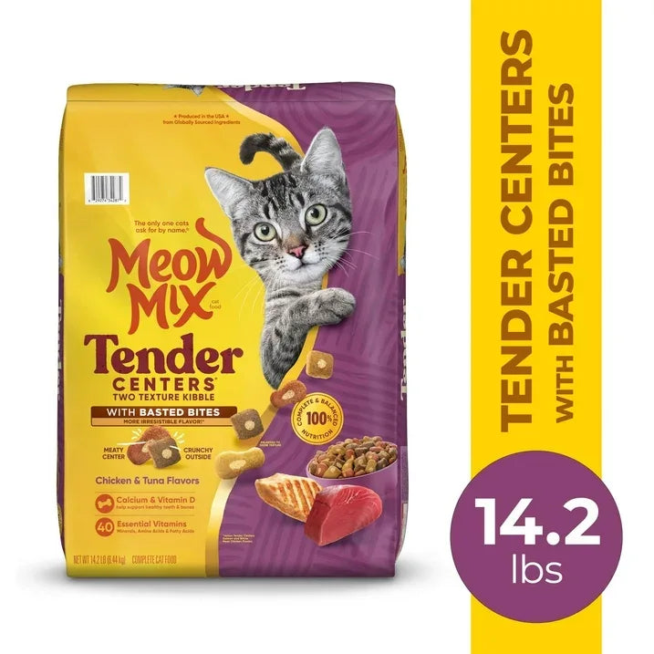Wholesale Price with free shipping across the USA for (4 pack) Meow Mix Tender Centers Dry Cat Food with Basted Bites, Chicken & Tuna Flavors, 14.2 lb Bag - Manji Distributors
