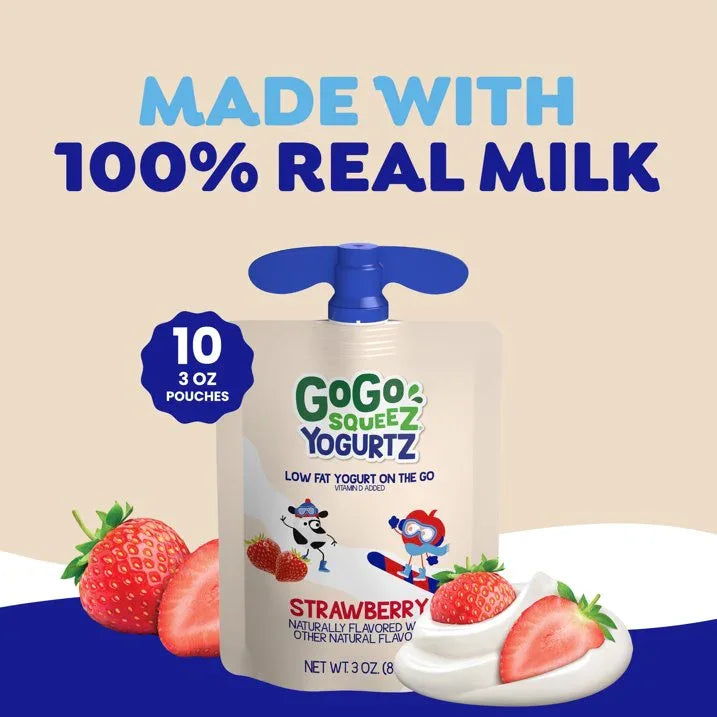 Wholesale Price with free shipping across the USA for GoGo squeeZ Low Fat Yogurtz Strawberry Yogurt Snack Pouches, 3 oz (10 Pack) - Manji Distributors