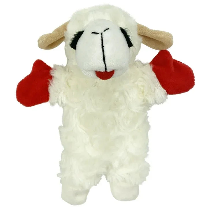 Wholesale Price with free shipping across the USA for (3 pack) Multipet Lamb Chop Plush Crinkle Flop Dog Toy, White with Red Paws - Manji Distributors