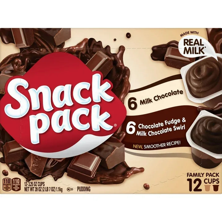 Wholesale Price with free shipping across the USA for (4 pack) Snack Pack Milk Chocolate and Chocolate Fudge & Milk Chocolate Pudding, 3.25 oz Pudding Cups, 12 Count Family Pack - Manji Distributors